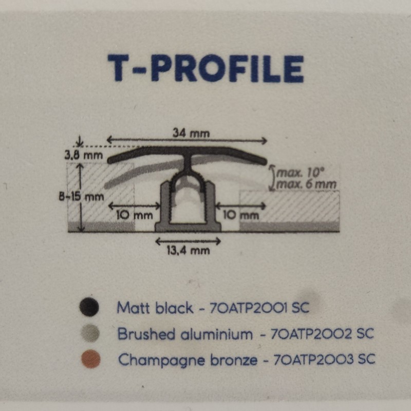 COREtec burkolatváltó és szintkiegyenlítő T-profil Matt black - 2,4m/34mm